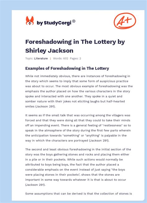 examples of foreshadowing in the lottery|Foreshadowing In The Lottery Essay on Shirley Jackson  .